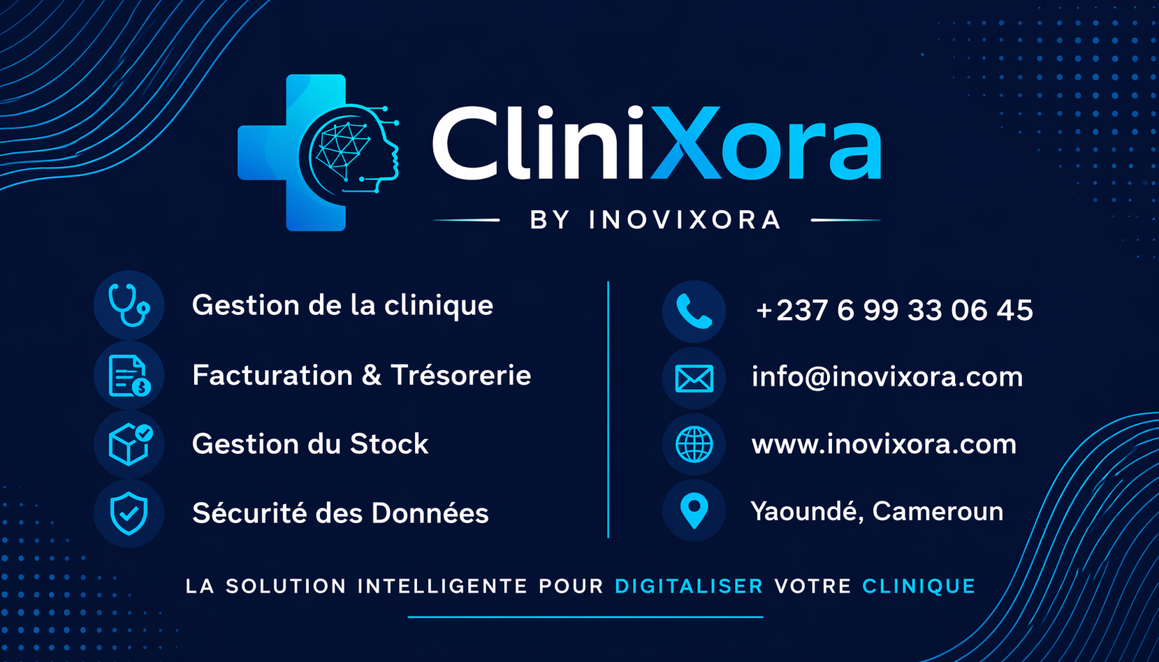 Interface CliniXora pour la gestion des patients, consultations médicales, factures et opérations de clinique